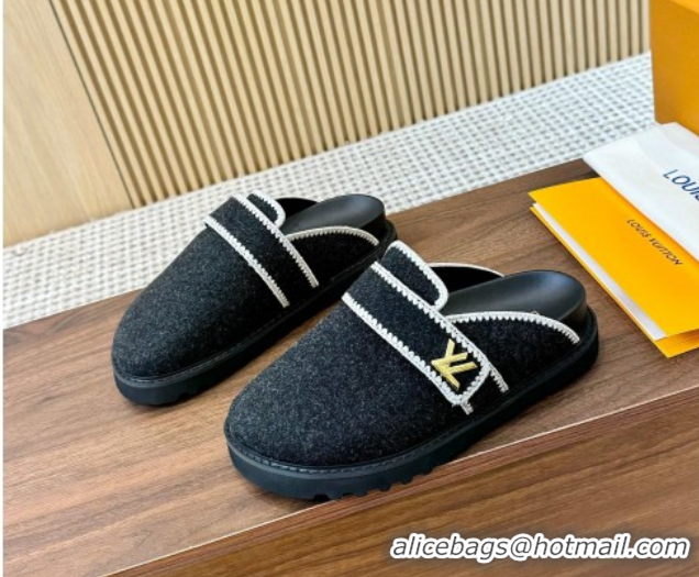 Sumptuous Louis Vuitton LV Cosy Flat Comfort Clog Mules with LV Strap in Wool Black 50224006