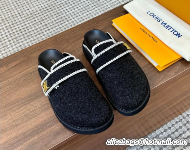 Sumptuous Louis Vuitton LV Cosy Flat Comfort Clog Mules with LV Strap in Wool Black 50224006