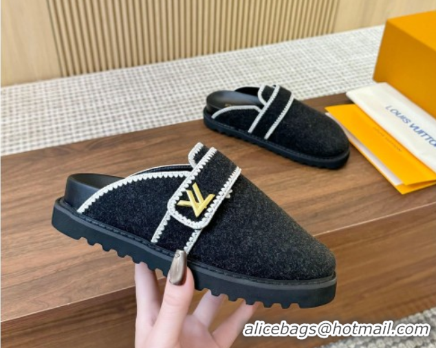 Sumptuous Louis Vuitton LV Cosy Flat Comfort Clog Mules with LV Strap in Wool Black 50224006