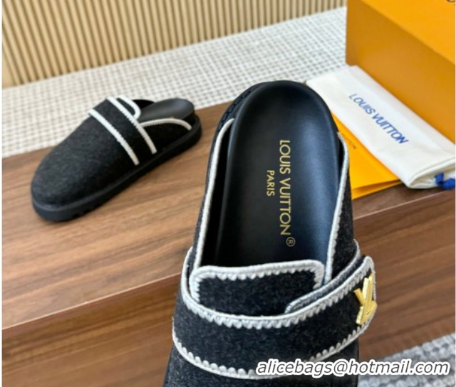 Sumptuous Louis Vuitton LV Cosy Flat Comfort Clog Mules with LV Strap in Wool Black 50224006