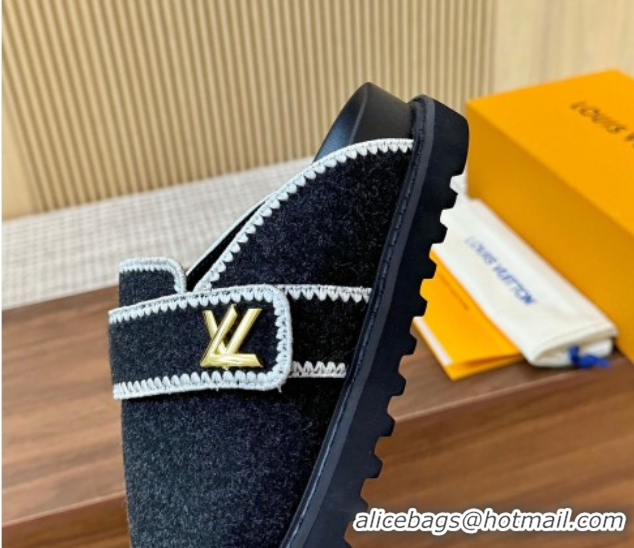 Sumptuous Louis Vuitton LV Cosy Flat Comfort Clog Mules with LV Strap in Wool Black 50224006