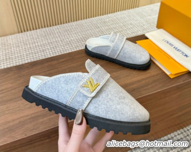 Fashion Luxury Louis Vuitton LV Cosy Flat Comfort Clog Mules with LV Strap in Wool Light Grey 50224007