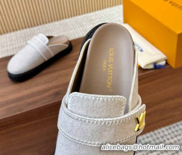 Luxurious Louis Vuitton LV Cosy Flat Comfort Clog Mules with LV Strap in Wool Grey 0224008