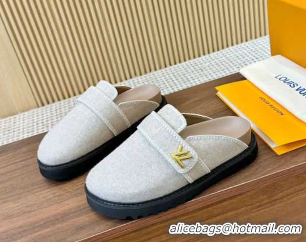 Luxurious Louis Vuitton LV Cosy Flat Comfort Clog Mules with LV Strap in Wool Grey 0224008