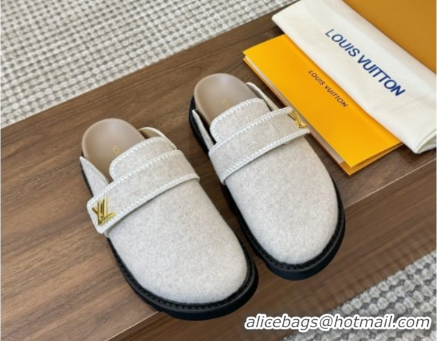 Luxurious Louis Vuitton LV Cosy Flat Comfort Clog Mules with LV Strap in Wool Grey 0224008