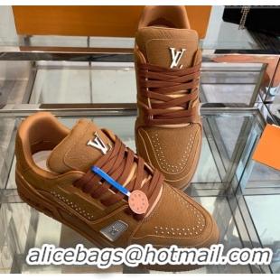 Good Looking Louis Vuitton Men's LV Trainer Sneakers in Grained Nubuck Leather with Studs Cognac Brown 0224009