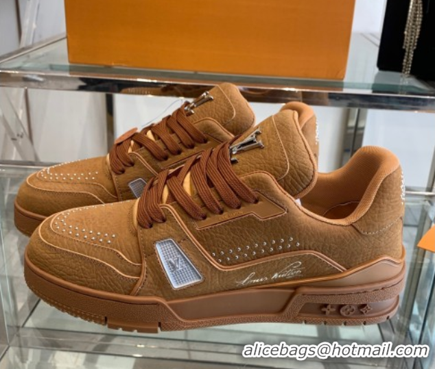 Good Looking Louis Vuitton Men's LV Trainer Sneakers in Grained Nubuck Leather with Studs Cognac Brown 0224009