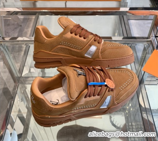 Good Looking Louis Vuitton Men's LV Trainer Sneakers in Grained Nubuck Leather with Studs Cognac Brown 0224009