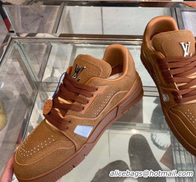 Good Looking Louis Vuitton Men's LV Trainer Sneakers in Grained Nubuck Leather with Studs Cognac Brown 0224009