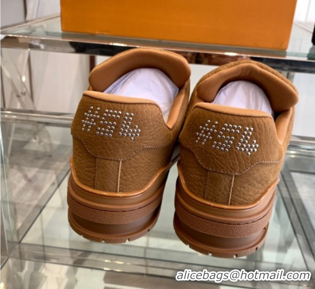 Good Looking Louis Vuitton Men's LV Trainer Sneakers in Grained Nubuck Leather with Studs Cognac Brown 0224009