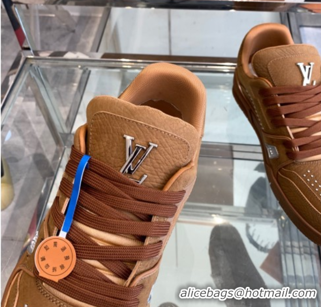 Good Looking Louis Vuitton Men's LV Trainer Sneakers in Grained Nubuck Leather with Studs Cognac Brown 0224009
