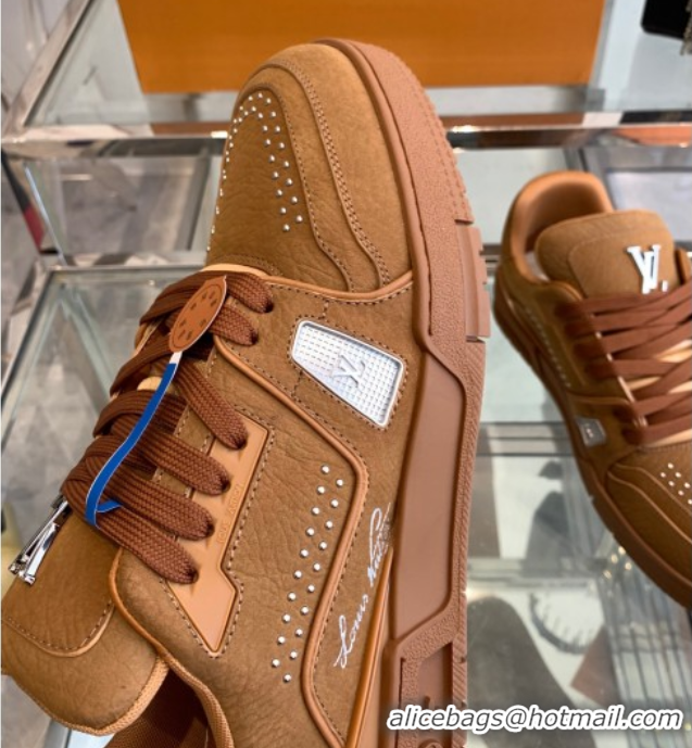 Good Looking Louis Vuitton Men's LV Trainer Sneakers in Grained Nubuck Leather with Studs Cognac Brown 0224009