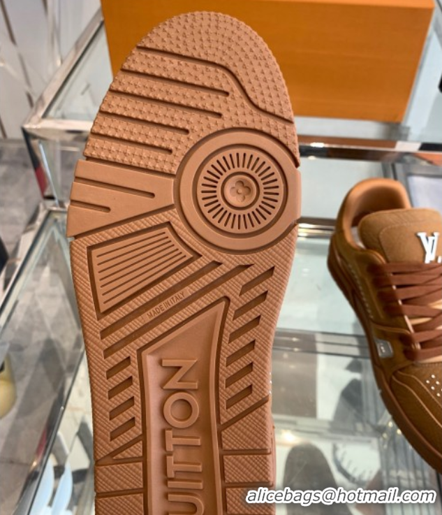 Good Looking Louis Vuitton Men's LV Trainer Sneakers in Grained Nubuck Leather with Studs Cognac Brown 0224009