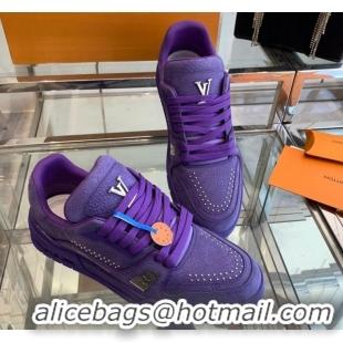 Modern Louis Vuitton Men's LV Trainer Sneakers in Grained Nubuck Leather with Studs Purple 0224010