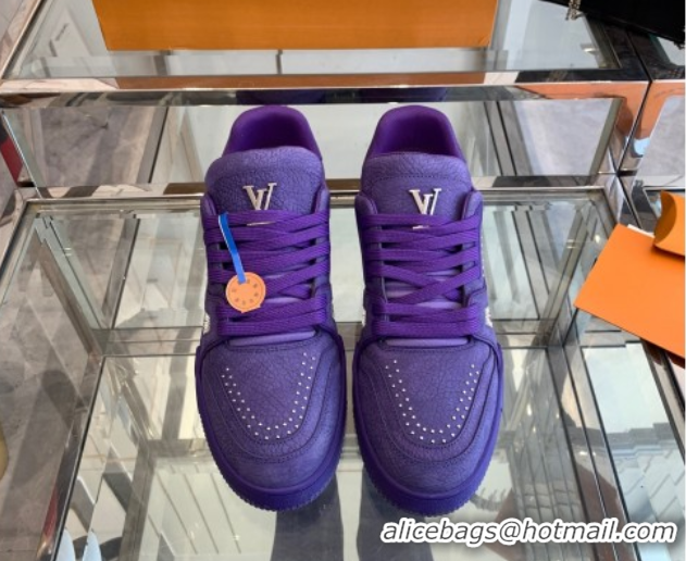 Modern Louis Vuitton Men's LV Trainer Sneakers in Grained Nubuck Leather with Studs Purple 0224010