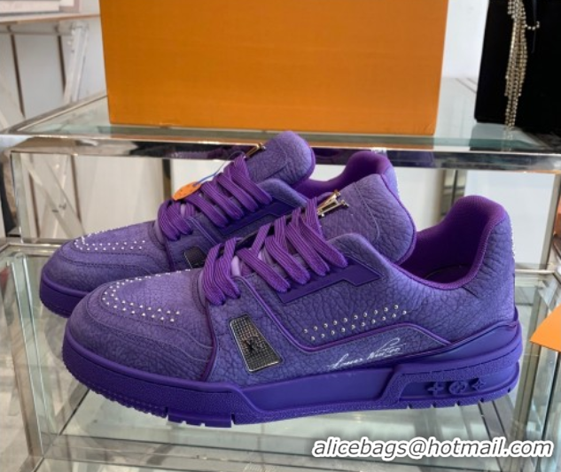 Modern Louis Vuitton Men's LV Trainer Sneakers in Grained Nubuck Leather with Studs Purple 0224010
