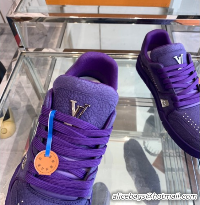 Modern Louis Vuitton Men's LV Trainer Sneakers in Grained Nubuck Leather with Studs Purple 0224010