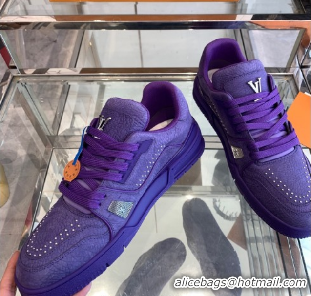 Modern Louis Vuitton Men's LV Trainer Sneakers in Grained Nubuck Leather with Studs Purple 0224010