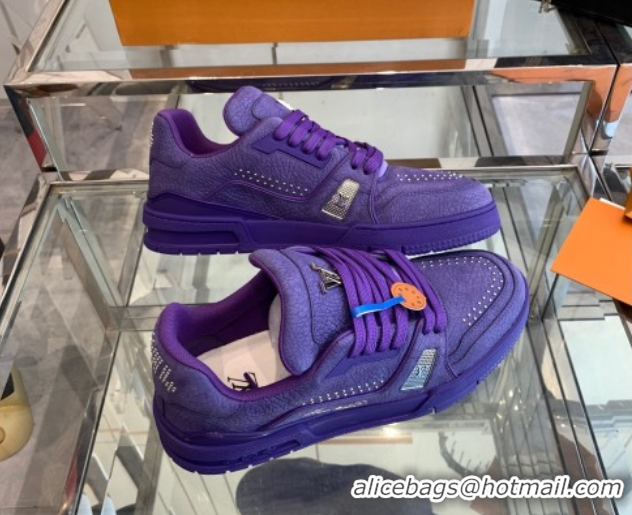 Modern Louis Vuitton Men's LV Trainer Sneakers in Grained Nubuck Leather with Studs Purple 0224010