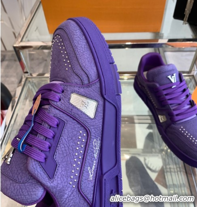 Modern Louis Vuitton Men's LV Trainer Sneakers in Grained Nubuck Leather with Studs Purple 0224010