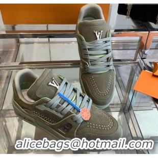 Luxury Cheap Louis Vuitton Men's LV Trainer Sneakers in Grained Nubuck Leather with Studs Green 50224011