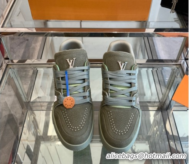 Luxury Cheap Louis Vuitton Men's LV Trainer Sneakers in Grained Nubuck Leather with Studs Green 50224011