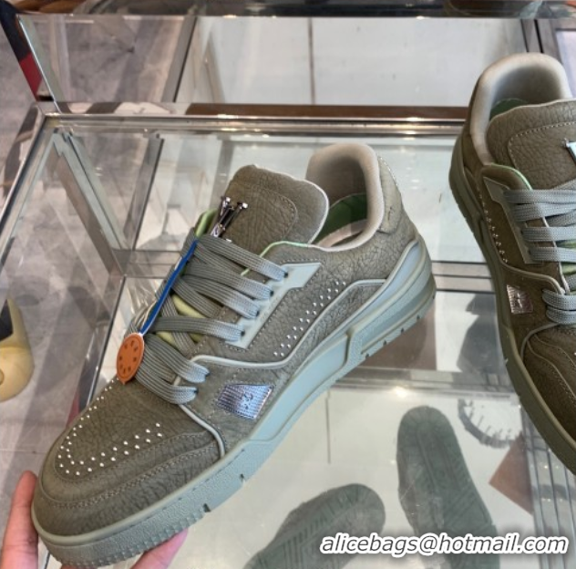 Luxury Cheap Louis Vuitton Men's LV Trainer Sneakers in Grained Nubuck Leather with Studs Green 50224011
