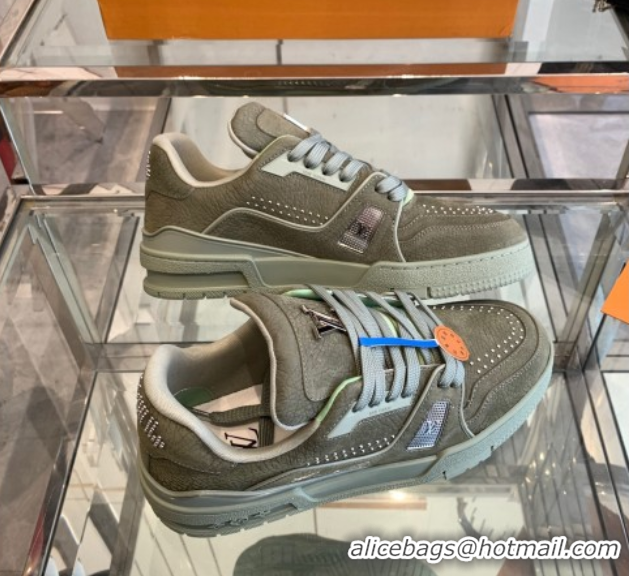 Luxury Cheap Louis Vuitton Men's LV Trainer Sneakers in Grained Nubuck Leather with Studs Green 50224011