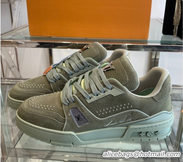Luxury Cheap Louis Vuitton Men's LV Trainer Sneakers in Grained Nubuck Leather with Studs Green 50224011