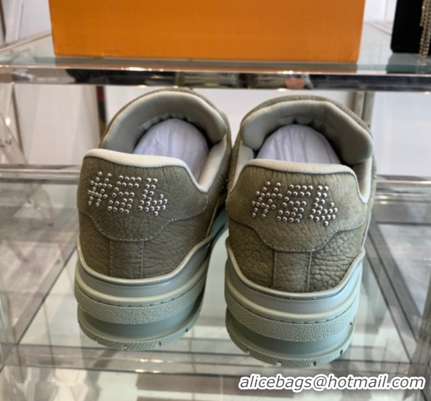 Luxury Cheap Louis Vuitton Men's LV Trainer Sneakers in Grained Nubuck Leather with Studs Green 50224011