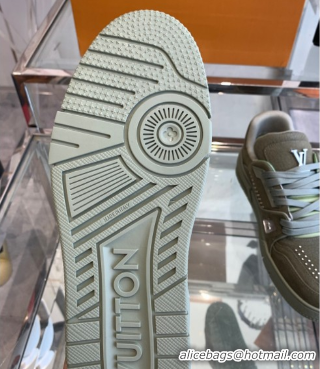 Luxury Cheap Louis Vuitton Men's LV Trainer Sneakers in Grained Nubuck Leather with Studs Green 50224011