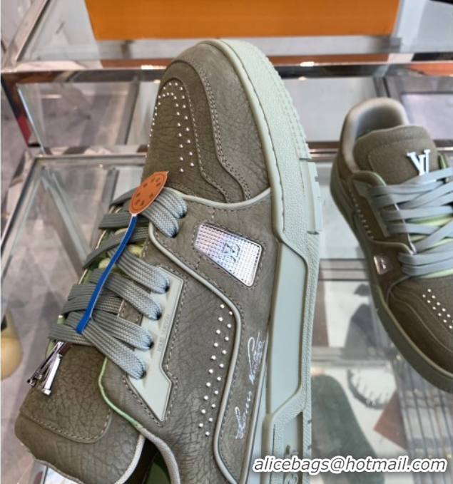 Luxury Cheap Louis Vuitton Men's LV Trainer Sneakers in Grained Nubuck Leather with Studs Green 50224011