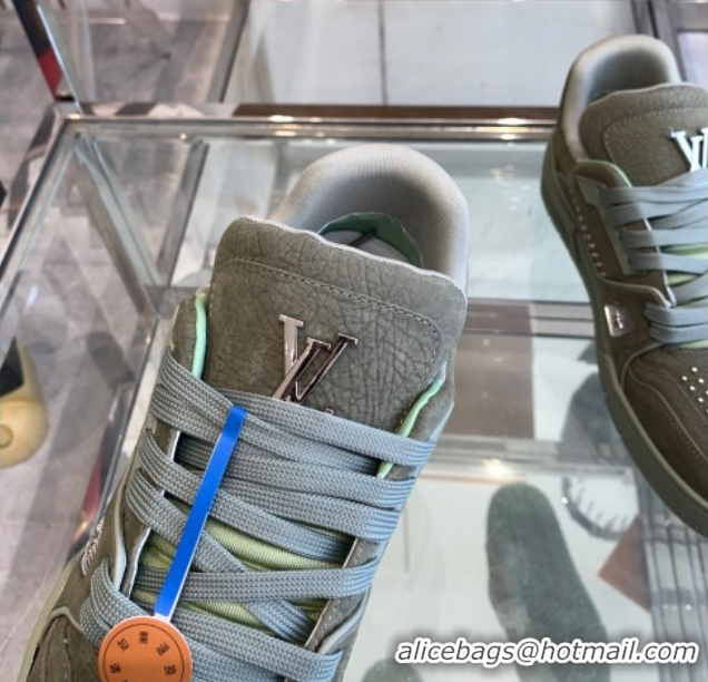 Luxury Cheap Louis Vuitton Men's LV Trainer Sneakers in Grained Nubuck Leather with Studs Green 50224011