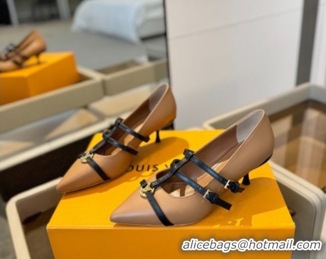 Popular Style Louis Vuitton Strap Pumps 5cm in Calfskin Leather Light Brown 2025 LV022401