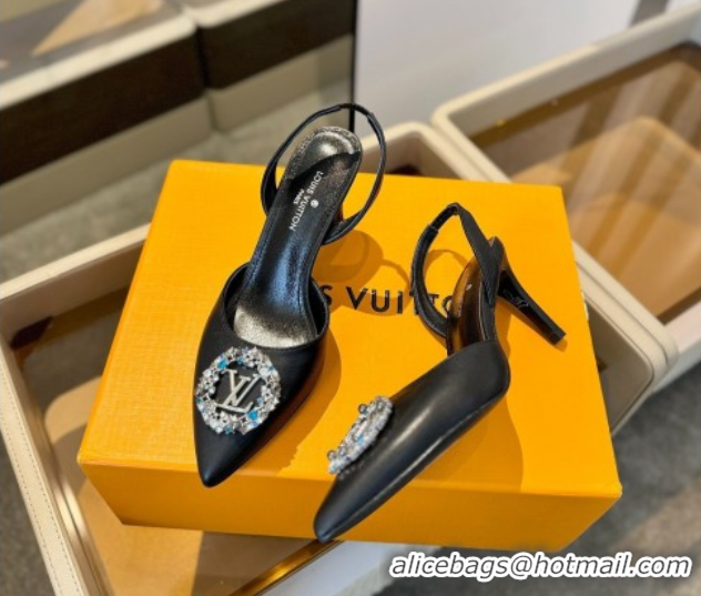Top Design Louis Vuitton Madeleine Slingback Pumps 7.5cm in Leather with LV Strass Buckle Black 0224016