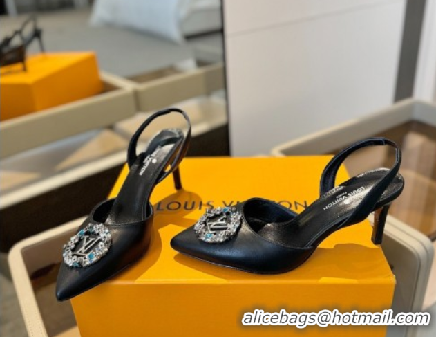 Top Design Louis Vuitton Madeleine Slingback Pumps 7.5cm in Leather with LV Strass Buckle Black 0224016