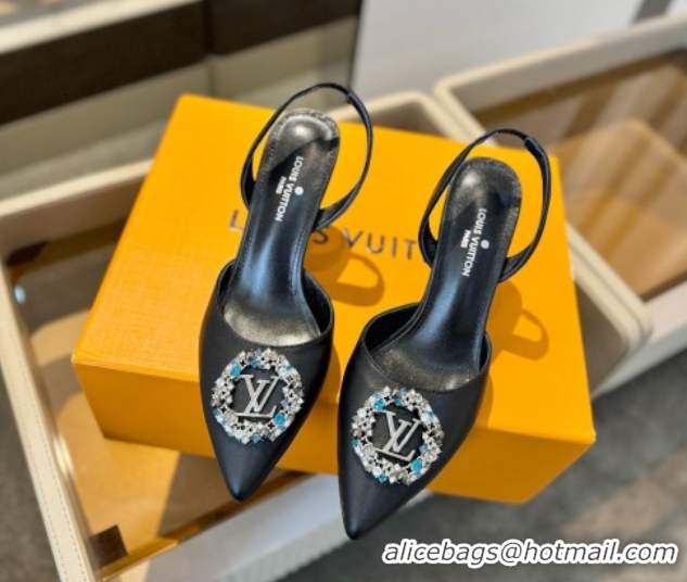 Top Design Louis Vuitton Madeleine Slingback Pumps 7.5cm in Leather with LV Strass Buckle Black 0224016