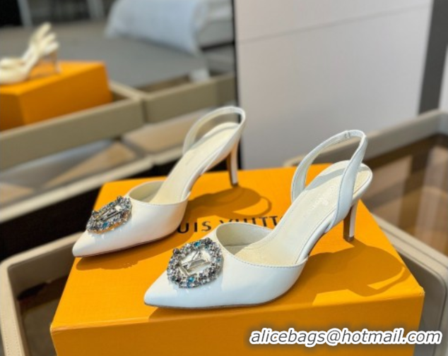 Good Product Louis Vuitton Madeleine Slingback Pumps 7.5cm in Leather with LV Strass Buckle White 50224017