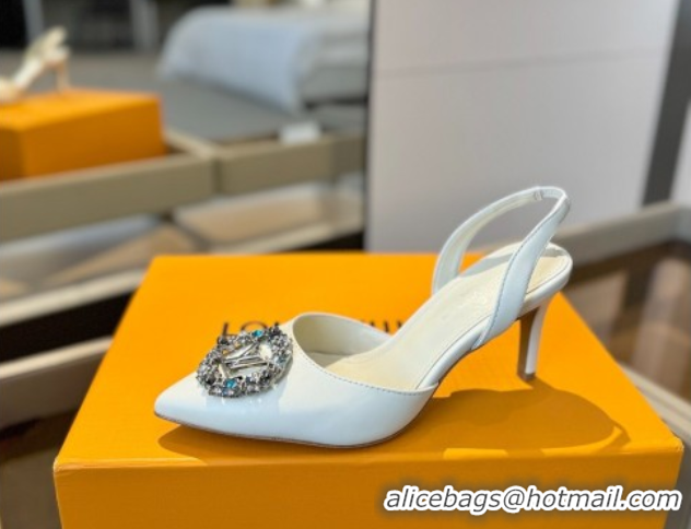 Good Product Louis Vuitton Madeleine Slingback Pumps 7.5cm in Leather with LV Strass Buckle White 50224017