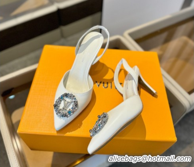 Good Product Louis Vuitton Madeleine Slingback Pumps 7.5cm in Leather with LV Strass Buckle White 50224017