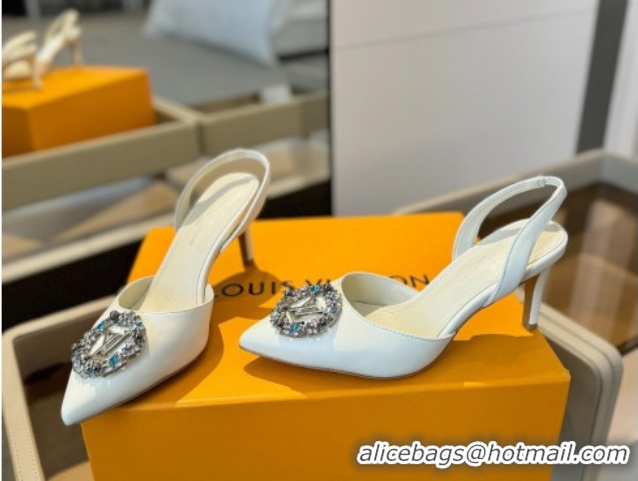 Good Product Louis Vuitton Madeleine Slingback Pumps 7.5cm in Leather with LV Strass Buckle White 50224017