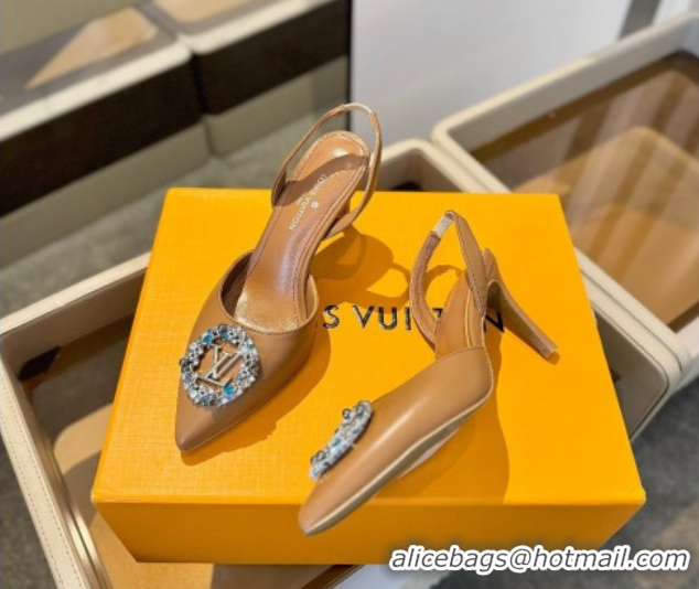 Hot Style Louis Vuitton Madeleine Slingback Pumps 7.5cm in Leather with LV Strass Buckle Brown 0224019