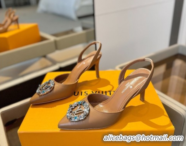 Hot Style Louis Vuitton Madeleine Slingback Pumps 7.5cm in Leather with LV Strass Buckle Brown 0224019