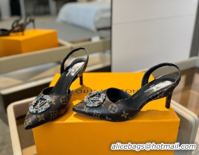 Popular Style Louis Vuitton Madeleine Slingback Pumps 7.5cm in Monogram Canvas with LV Strass Buckle 0224020