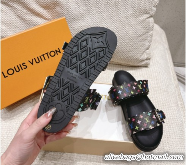 Best Grade Louis Vuitton LV x TM Bom Dia Flat Comfort Slides Sandal in Multicolored Monogram Canvas Black 0421087