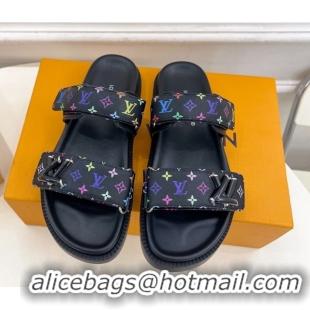 Low Cost Louis Vuitton LV x TM Flat Comfort Slides Sandal in Multicolored Monogram Canvas Black 2025 LV042101