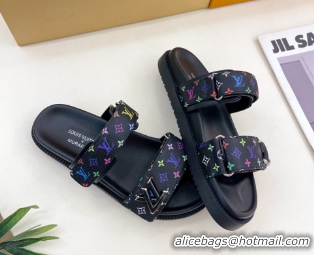 Low Cost Louis Vuitton LV x TM Flat Comfort Slides Sandal in Multicolored Monogram Canvas Black 2025 LV042101