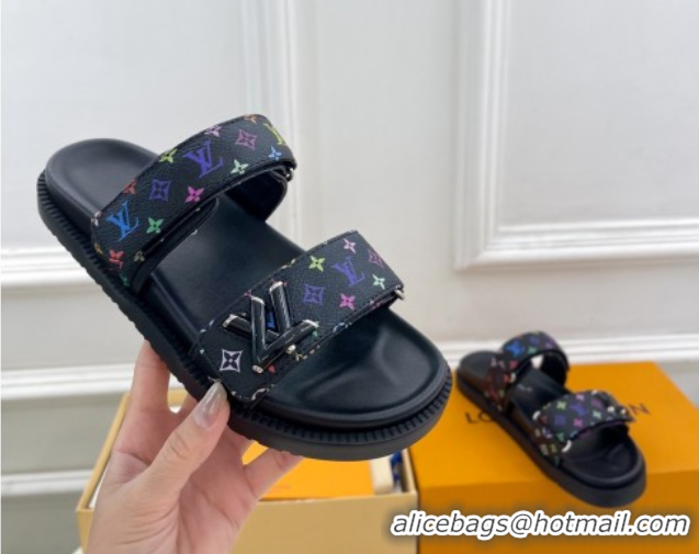 Low Cost Louis Vuitton LV x TM Flat Comfort Slides Sandal in Multicolored Monogram Canvas Black 2025 LV042101