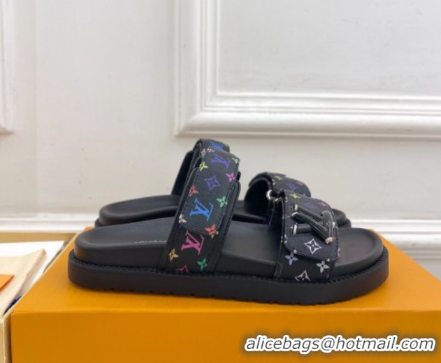 Low Cost Louis Vuitton LV x TM Flat Comfort Slides Sandal in Multicolored Monogram Canvas Black 2025 LV042101