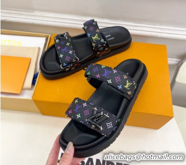 Low Cost Louis Vuitton LV x TM Flat Comfort Slides Sandal in Multicolored Monogram Canvas Black 2025 LV042101